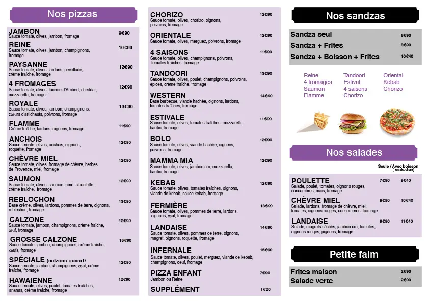 Dépliants 3 volets accordéons pour une pizzeria à Sabres (verso)